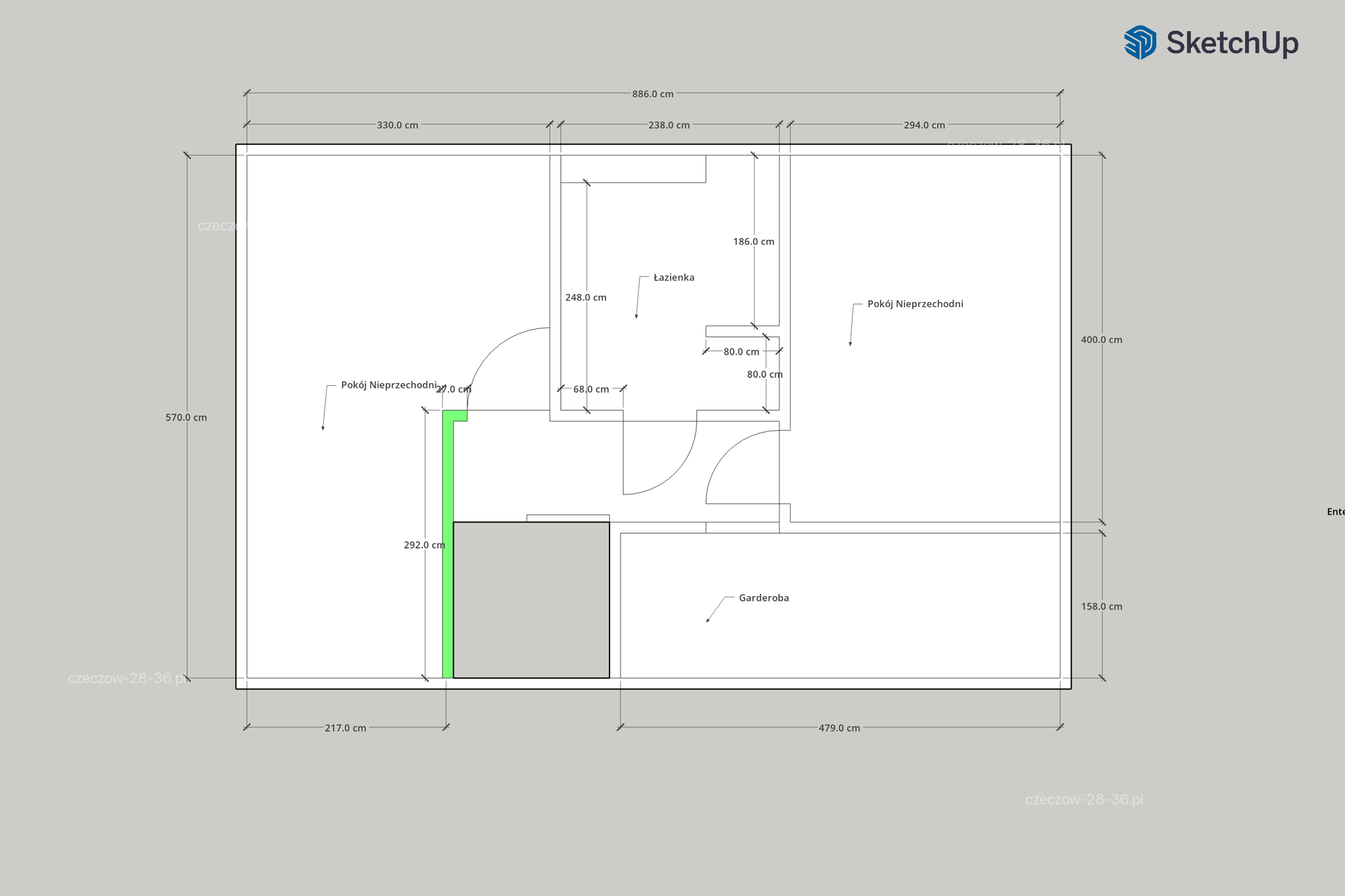 Wizualizacja możliwości dostawienia ścianki działowej